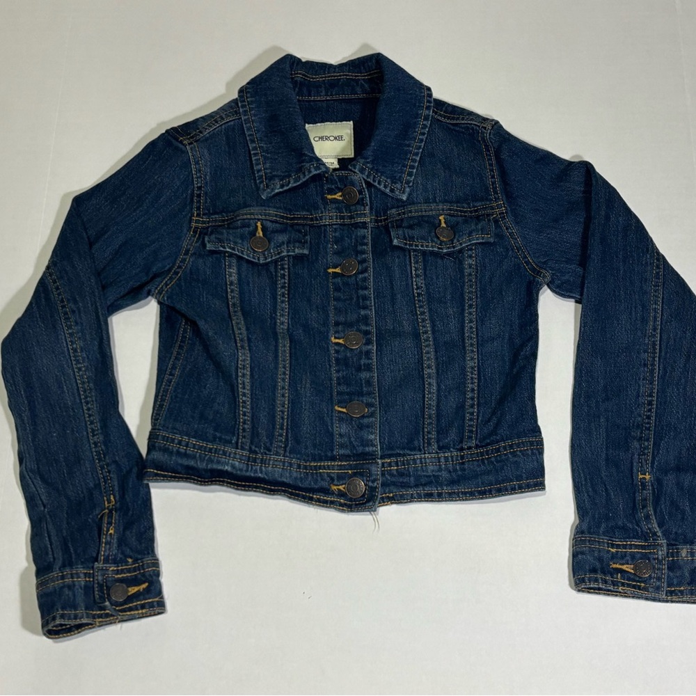 Cherokee Girls Denim Jacket Blue M/M 7/8 Button Front Cotton Spandex Casual
